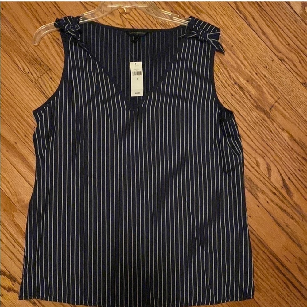 Banana Republic Navy Blue Pinstripe Tie-Shoulder Sleeveless Top